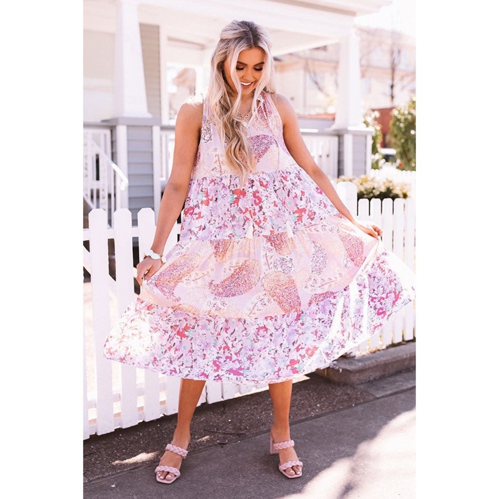 Entro Women Dress Medium Pink Paisley Floral Tiered Midi Flowy Boho‎ Patchwork